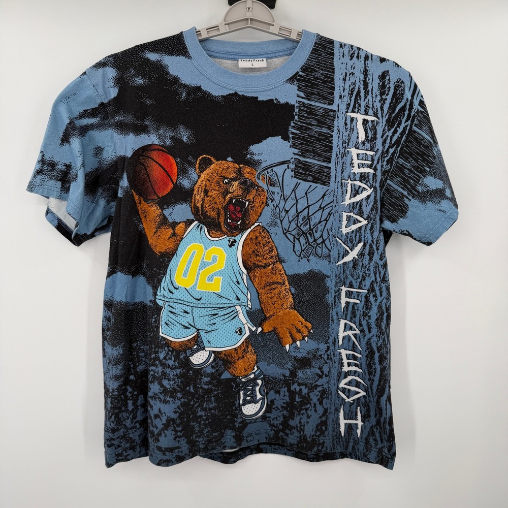 Teddy Fresh Basketball Bear All Over Print T-Shirt Blue Black Mens Large L